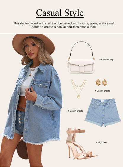 Denim Jacket for Women Long Sleeve Boyfriend Jean Jacket Loose Coat White XL Female