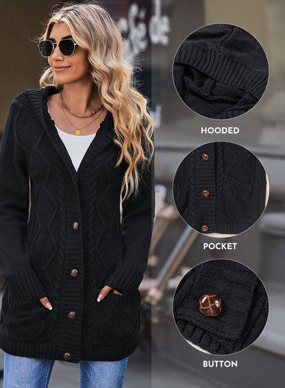 Hooded Cardigan Sweaters for Women Long Sleeve Button down Knit Sweater Coat Outwear with Pockets